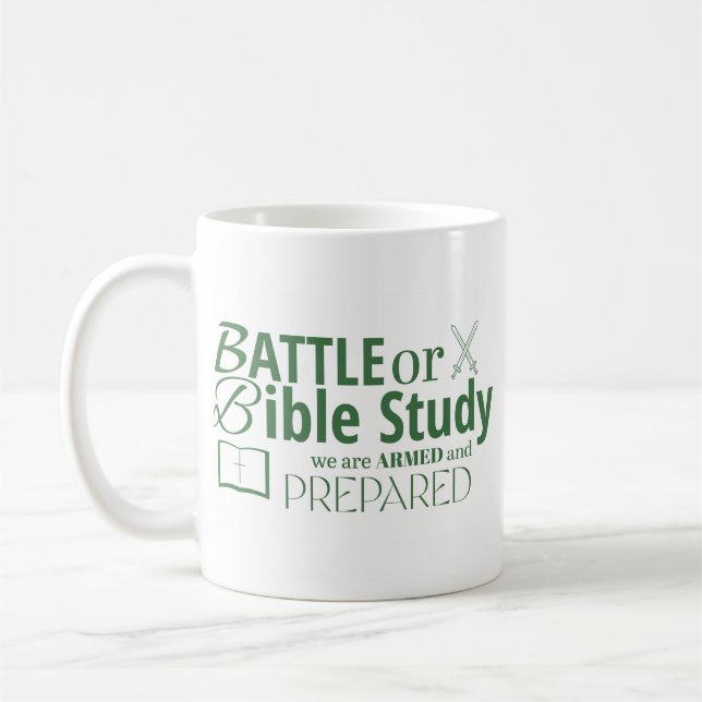 STUDIE ÜBER BATTLE ODER BIBLE WIR SIND GERADET UND KAFFEETASSE (Links)