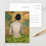 Studie über Fleisch und Gold | William Merritt Cha Postkarte<br><div class="desc">Studie über Fleischfarbe und Gold (1888) | William Merritt Chase's Study of Flesh Color and Gold ist eine faszinierende Figur-Studie, die eine sitzende Frau aus dem Rücken zeigt, die in einem reichen, lebendigen grünen Stoff eingewickelt ist. Das Wechselspiel zwischen der Glätte ihrer nackten Haut und der luxuriösen Textur des Stoffes...</div>