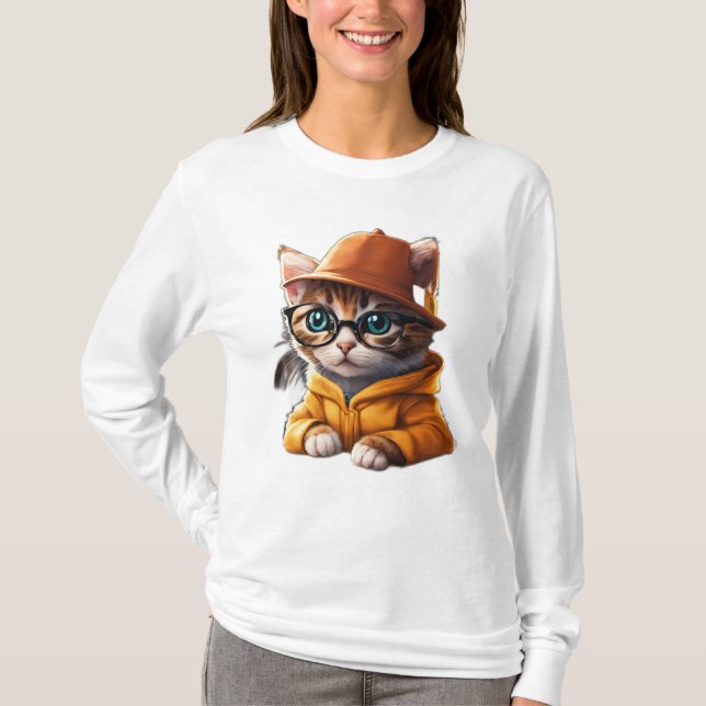 Studious Kitty: Cartoon Kitten mit Hut und Brille T-Shirt (Vorderseite)