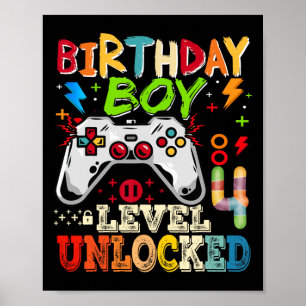 Stufe 4 Freigeschaltet Videospieler 4. Geburtstag Poster