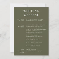 Stumpfes Olivgrünes Hochzeitswochenende Zeitplan