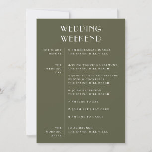 Stumpfes Olivgrünes Hochzeitswochenende Zeitplan Einladung