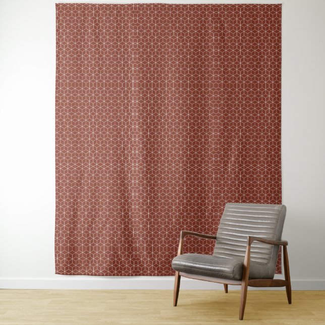 Stunning 3D Effects: White Cubes on Brick-Red  Wandteppich (Beispiel)