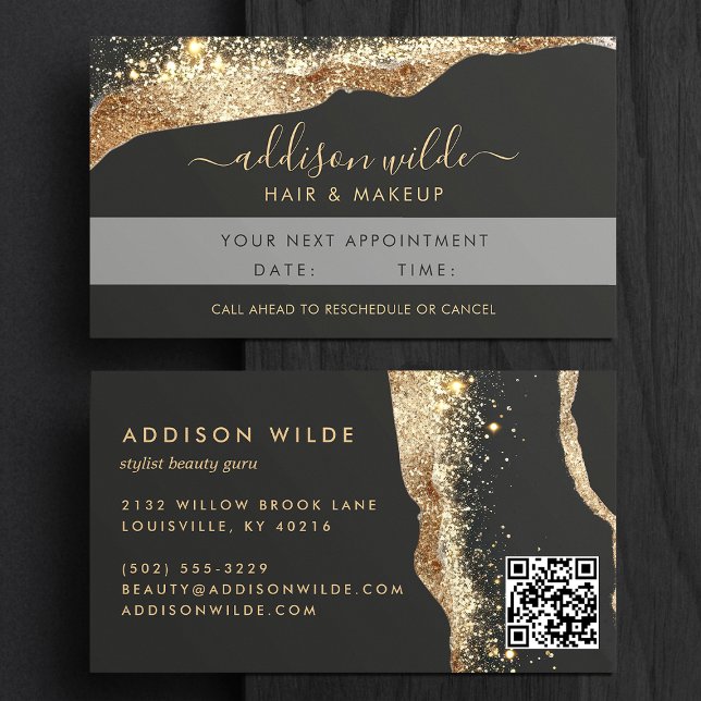Stunning Black And Gold Glitter Script QR-Code Terminkarte (Von Creator hochgeladen)