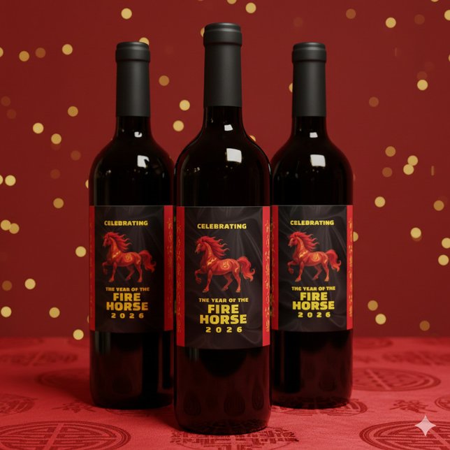 Stunning Chinese Year of the Fire Horse 2026 Weinetikett (Stunning Chinese New Year of the Fire Horse 2026 Wine Labels Cover Photo)
