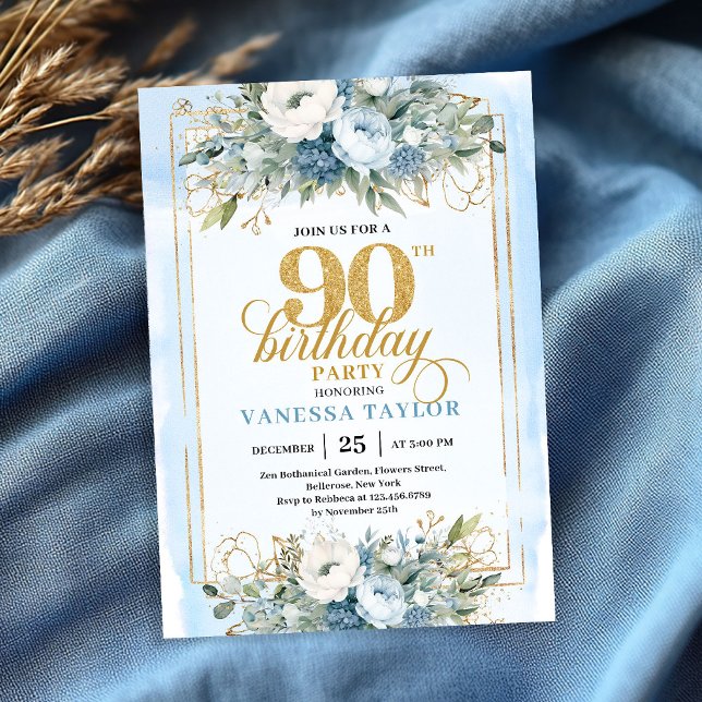 Stunning pastel blue gold frame 90th birthday  einladung (Stunning pastel blue gold frame 90th birthday invite)