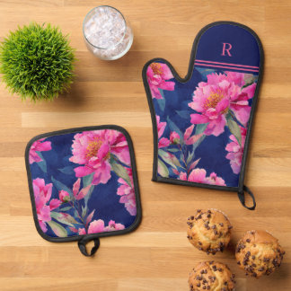 Stunning Pink Floral Bloom Monogrammed Ofenhandschuh & Topflappen-Set