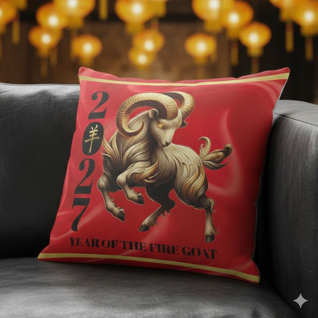 Stunning Red Gold Chinese Year of Fire Goat 2027 Kissen (Stunning Red & Gold Chinese Year of the Fire Goat 2027 Throw Pillow Cover Photo)