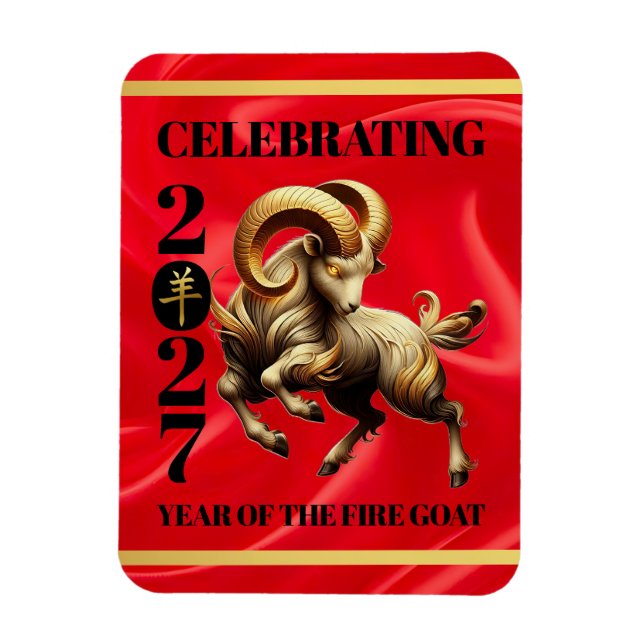 Stunning Red Gold Chinese Year of Fire Goat 2027 Magnet (Vertikal)