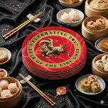 Stunning Red Gold Chinese Year of Fire Goat 2027 Pappteller<br><div class="desc">Elevate your 2027 lunar new year entertainment and dining experiences with several of these paper plates, which feature the Fire Goat dancing on a luxurious faux red silk background encircled by faux gold foil, plus the Chinese letterform for the Goat/Sheep/Ram rendered in faux gold foil, standing in place of the...</div>