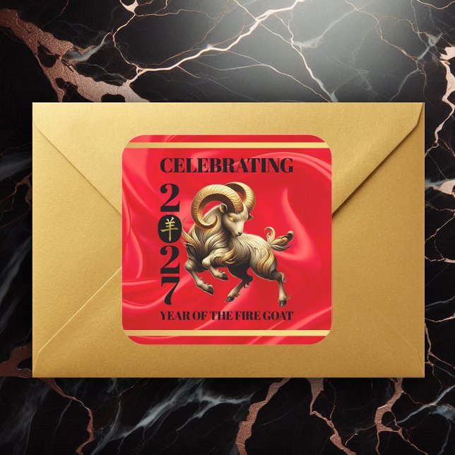 Stunning Red Gold Chinese Year of Fire Goat 2027 Quadratischer Aufkleber (Stunning Chinese Year of the Fire Goat 2027 Square Sticker Cover Photo)