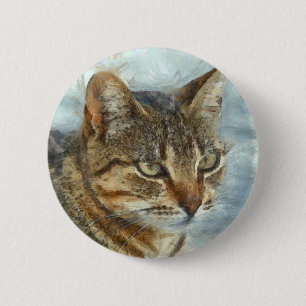 Stunning Tabby Cat Close Up Graphite Pencil Portra Button
