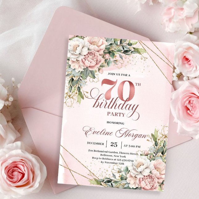 Stunning Watercolor Rose Gold Floral 70th Birthday Einladung (Stunning Watercolor Rose Gold Floral 70th Birthday Invitation)