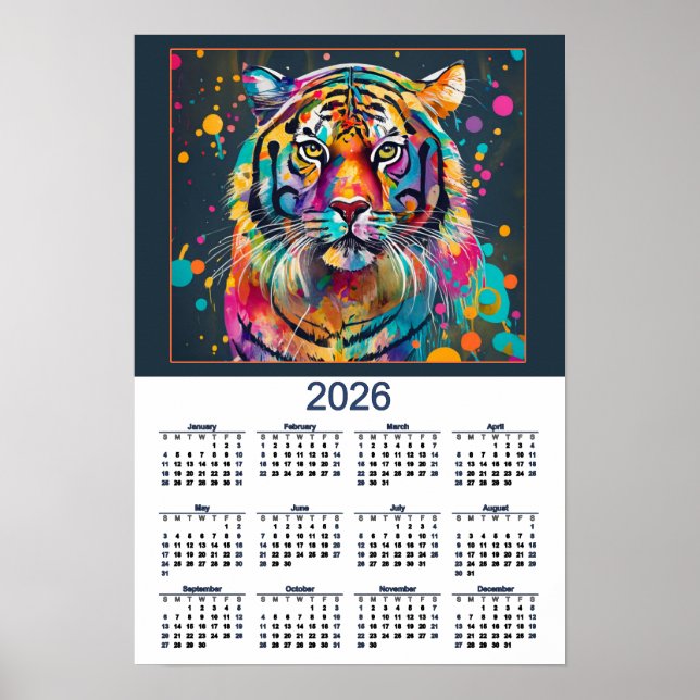 Stunning Watercolor Tiger 2026 Calendar  Poster (Vorne)