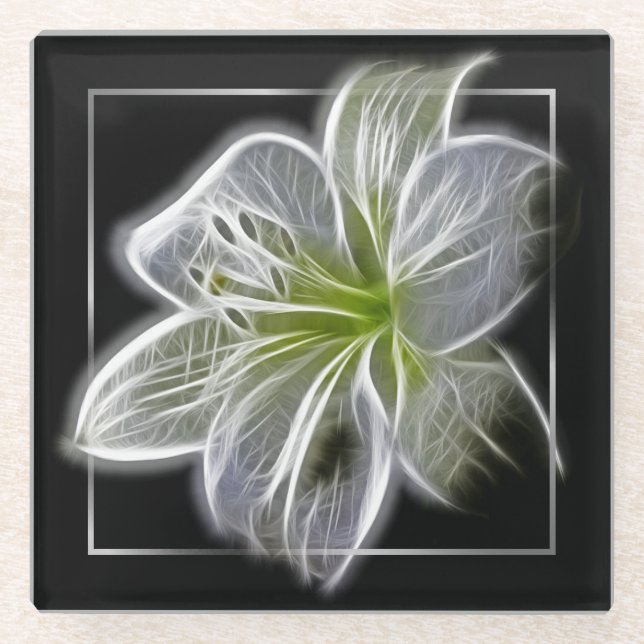 Stunning White Lily Fractal Art Black Glasuntersetzer (Vorderseite)