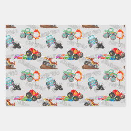 Stunt Cars Monster Truck Birthday Wasserfarbe Grau Geschenkpapier Set