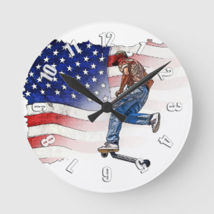 Stunt Scooter Rider und US Flag Round Clock Runde Wanduhr
