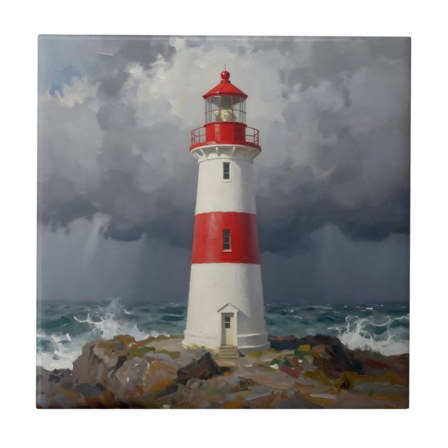 Stürmischer roter Leuchtturm Küste  Fliese (Vorderseite)