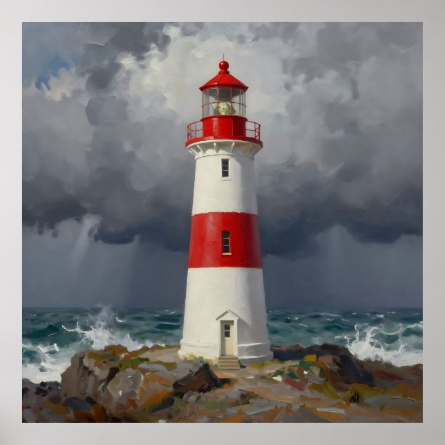 Stürmischer roter Leuchtturm Küste  Poster (Vorne)