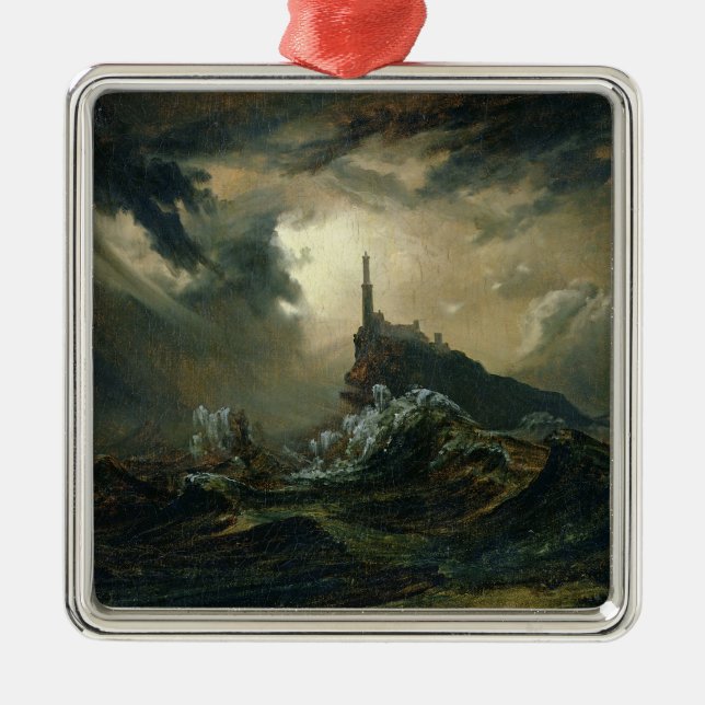 Stürmisches Meer mit Leuchtturm Silbernes Ornament (Vorne)