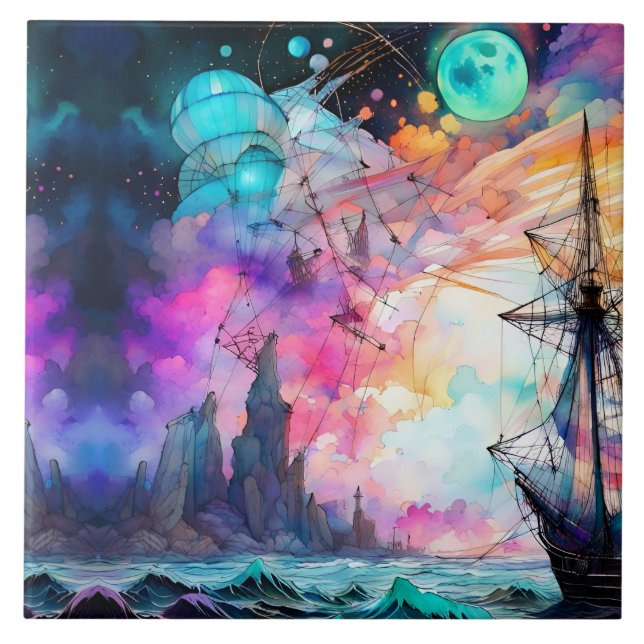 Sturmsee, futuristisches Schiff Abstrakt Mond Fliese (Vorderseite)