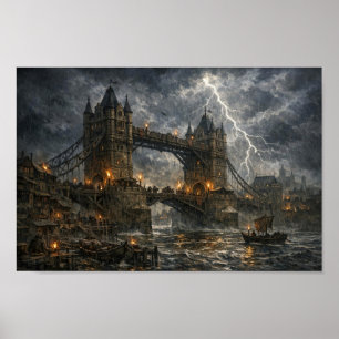 Sturmumtoster mittelalterlicher London Tower Bridg Poster