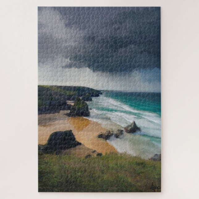 Sturmwolken über den Bedruthan Steps Cornwall Puzzle (Vertikal)