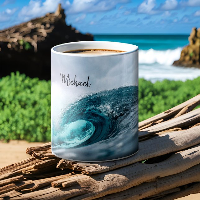 Sturmy Aquamarin Blue Ocean Wave Rough Water Surfi Kaffeetasse (Ocean wave personalized surfing mug)