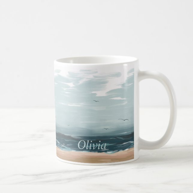 Sturmy Sea Waves Beach Flying Gulls Kaffeetasse (Rechts)