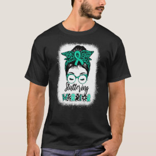 Stuttering Warrior Messy Bun Aquamarin Ribbon Leop T-Shirt