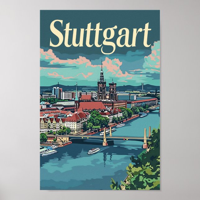 Stuttgart Deutschland Vintage Travel Illustration Poster (Vorne)