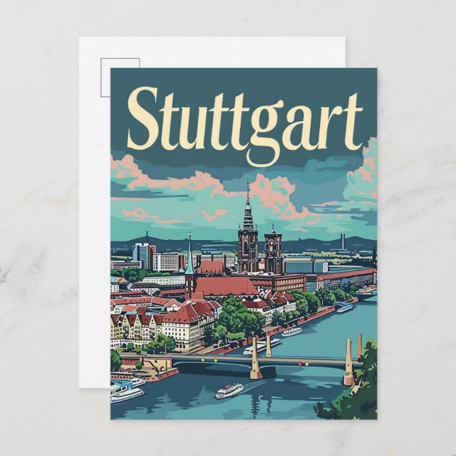 Stuttgart Deutschland Vintage Travel Illustration Postkarte (Vorne/Hinten)