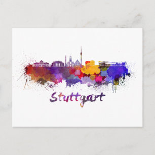 Stuttgarter Skyline in Aquarellfarbe Postkarte