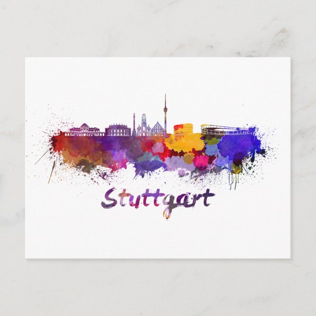 Stuttgarter Skyline in Aquarellfarbe Postkarte (Vorderseite)