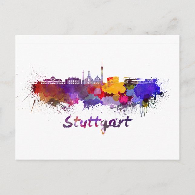 Stuttgarter Skyline in Aquarellfarbe Postkarte (Vorderseite)