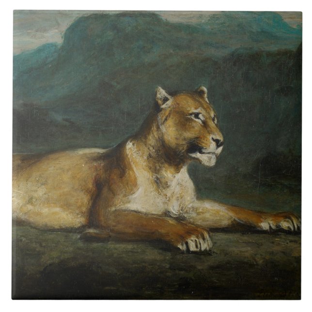 Stützende Löwin, c.1855 (Öl auf Platte) Fliese (Vorderseite)
