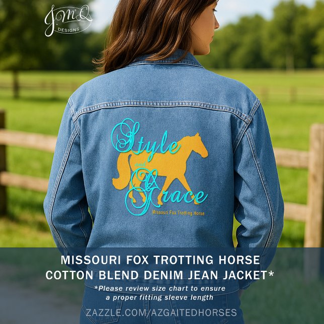 Style and Grace Fox Trotter Silhouette Jeansjacke (Graceful Missouri Fox Trotting Horse silhouette with a soft, stylish western flair.)