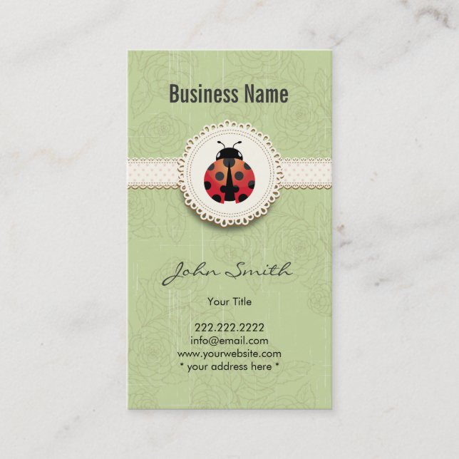 Style Ladybug & Lace Green Floral Business Card Visitenkarte (Vorderseite)