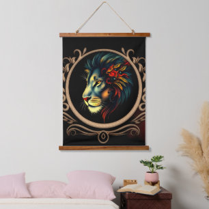 Styliertes Lion Head Portrait in Mandala Frame Wandteppich Mit Holzrahmen