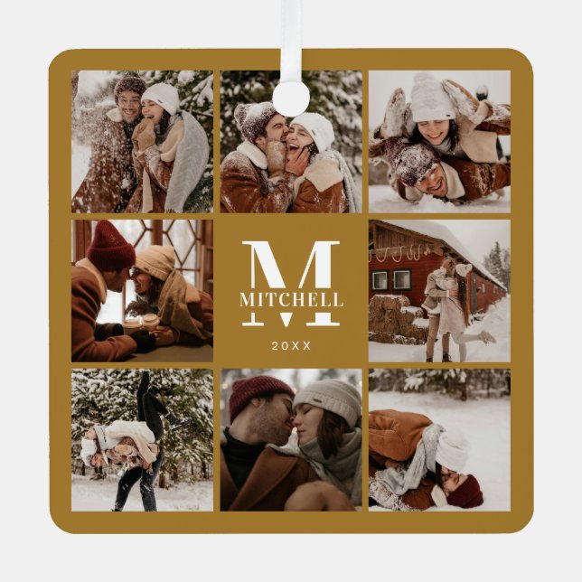 Stylis Simple Couple Foto Collage | Monogramm-Gesc Ornament Aus Metall (Vorderseite)
