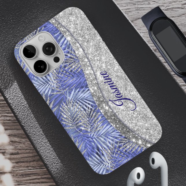stylisch blaue lila silberne Glitzer Blätter monog Case-Mate iPhone Hülle (Von Creator hochgeladen)