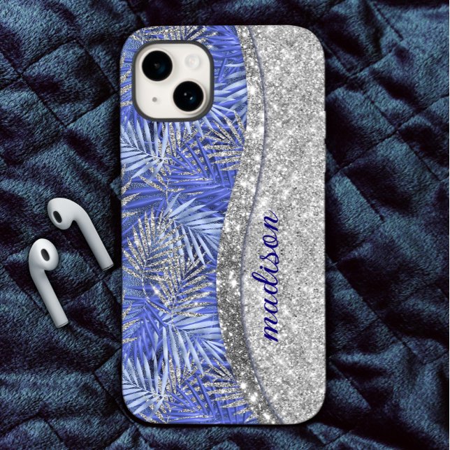 stylisch blaue lila silberne Glitzer Blätter monog Case-Mate iPhone Hülle (Von Creator hochgeladen)