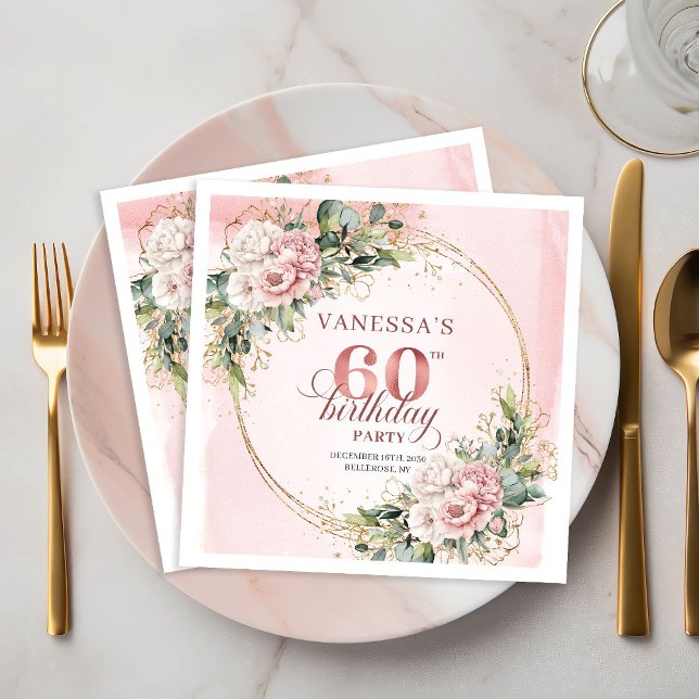 Stylisch boho hellrosa Blumen-Schimmer 60 Geburtst Serviette (Stylish boho light pink floral shimmer 60th birthday napkins

)