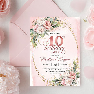 Stylisch Boho Puderrosa Blumen 40. Geburtstag Einladung