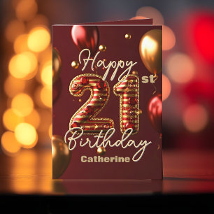 Stylisch chic Burgunderrot und Gold 21. Geburtstag Karte