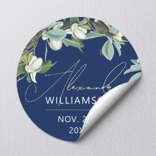 Stylisch elegante blaue, weiße und grüne Floral Runder Aufkleber