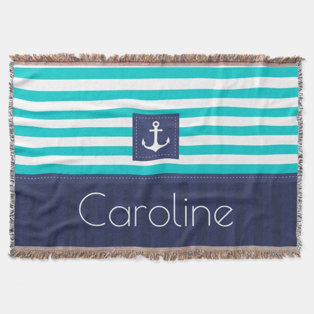 Stylische Aqua Navy Stripes Nautical Anchor Custom Decke (Vorderseite)