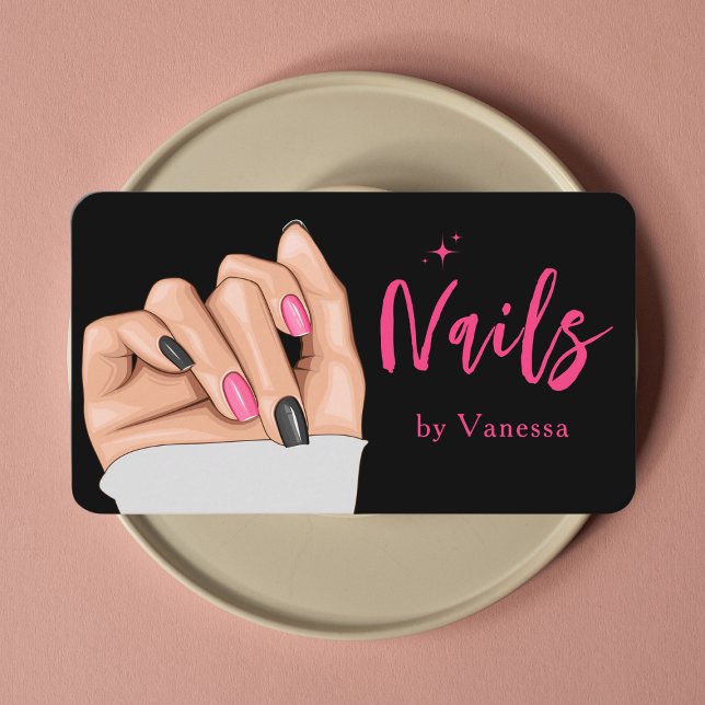 Stylische Black Pink Nail Technician Business Card Visitenkarte (Von Creator hochgeladen)