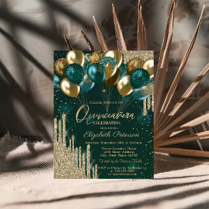 Stylische goldene Glitter-Tropfen-Ballons Grün Einladung