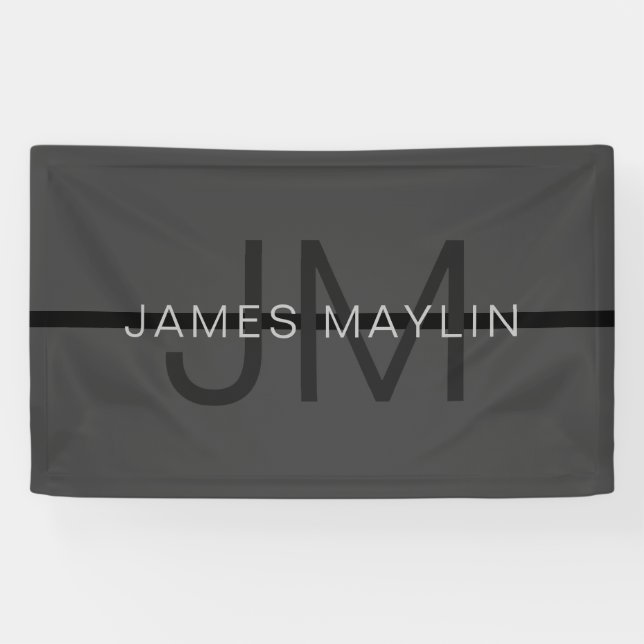 Stylische Maskuline Dunkelgrau Name & Monogramm Banner (Horizontal)